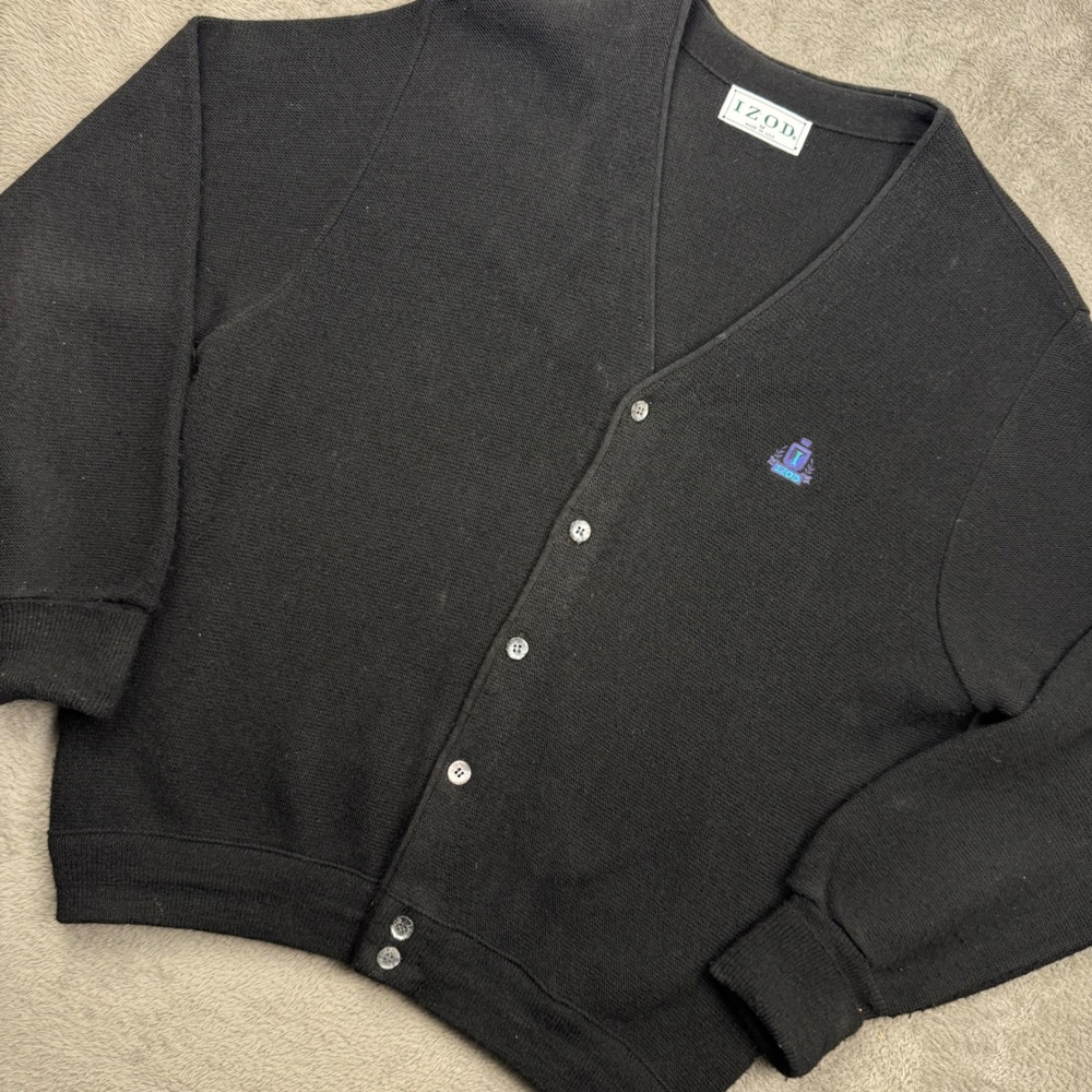 Izod Cardigan Sweater Mens Medium Black Excellent Vintage 90s USA Made V-Neck